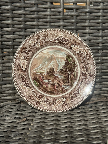 Vintage Poly Brown Transferware Plate Covered Wagon Acorns Oak Leaves Historic America