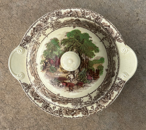 Clarice Cliff Signed Royal Staffordshire Brown Polychrome Transferware  covered Casserole Tureen Rural Scenes