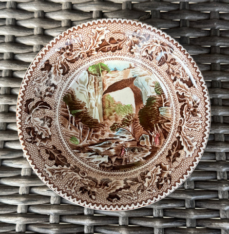Vintage Poly Brown English Transferware Acorns Oak Leaves Natural Bridge Candy Dish / Bowl Historic America