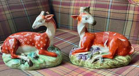 Antique Staffordshire Early 19C Pair Pearlware Recumbent Deer Figurines