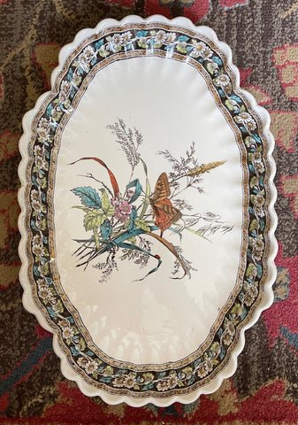 Spode Copeland Victorian Aesthetic Movement Brown Turquoise Transferware Platter PLATTER Monarch Butterfly & Daisies