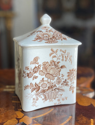 Rare Brown Transferware Cookie 🍪 Jar Charlotte Biscuit Box / Tea Caddy Canister  Basket of Roses