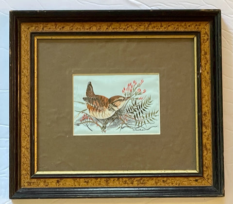 Vintage English Woven Silk Wren Bird Picture Wood Frame & Matted