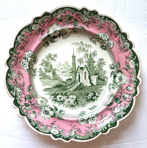 STUNNING circa 1820-35 Rare Pink Green Transferware Plate New Stone China Roses Priory