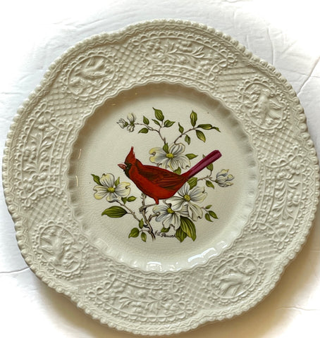 Artist Signed Dogwood Botanicals & Birds Series Creamware Plate Relief Border