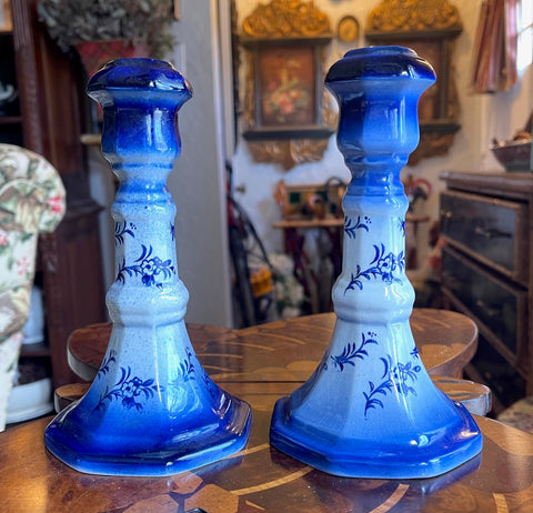 Vintage Pair Flow Blue English Staffordshire Candle Stick Holders