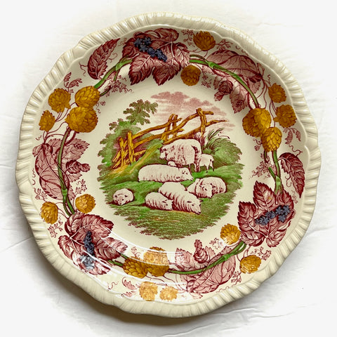Red Transferware Plate Copeland Spode  Grazing Sheep RURAL SCENES by DUNCAN Hops Border