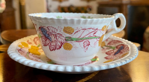 Vntg Red Transferware Teacup & Saucer Spode Copeland Grazing Cows 🐄 RURAL SCENES by DUNCAN Hops Border