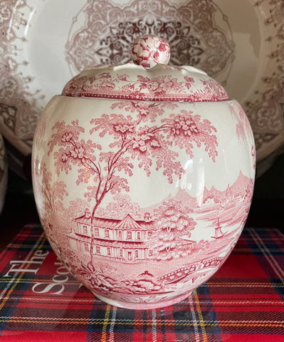 RARE Cookie Jar or Biscuit Barrel Clarice Cliff signed Vintage Red Transferware Tonquin