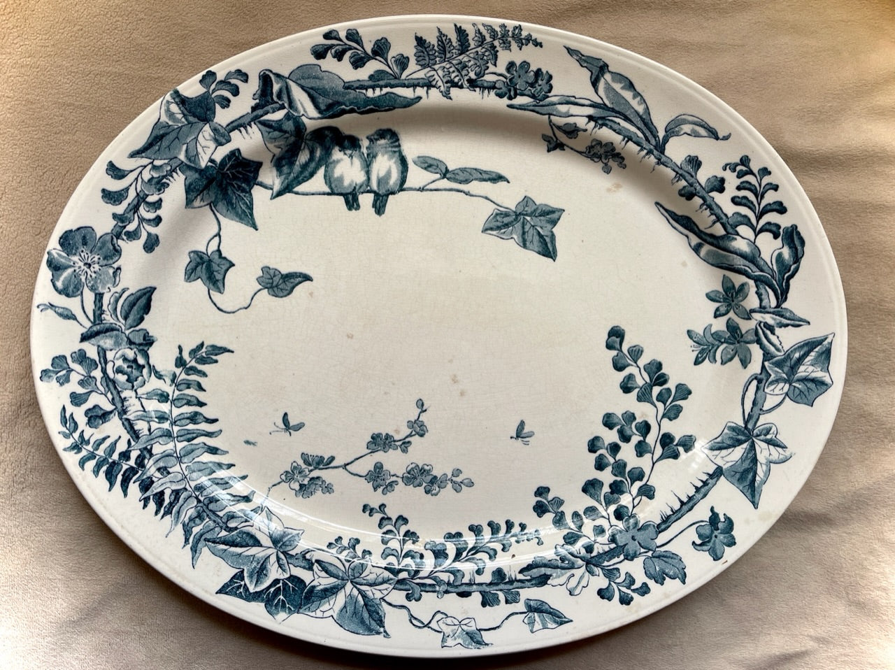 16" Antique English Victorian Birds & Vines Blue Transferware Platter