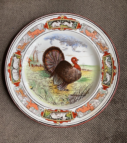 rare 9” Brown Wedgwood Circa 1903 Enameled Clobbered Antique Transferware Turkey Plate
