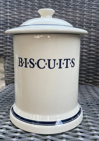 Vintage English Blue Whiteware Transferware Advertising BISCUITS Canister Jar
