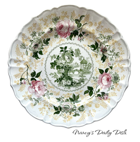 1830’s VERY RARE Yellow Green & Pink Tri Color Floral Transferware Plate