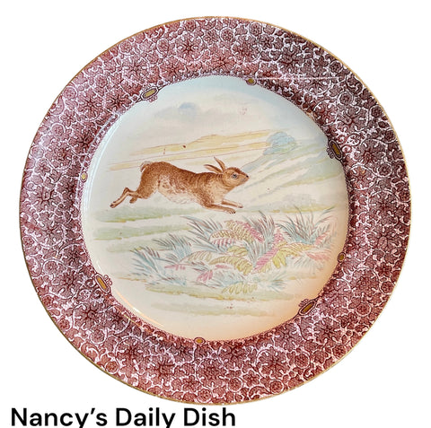 Antique Hand Painted Brown English Transferware Grazing Bunny Rabbits Plate Copeland Spode
