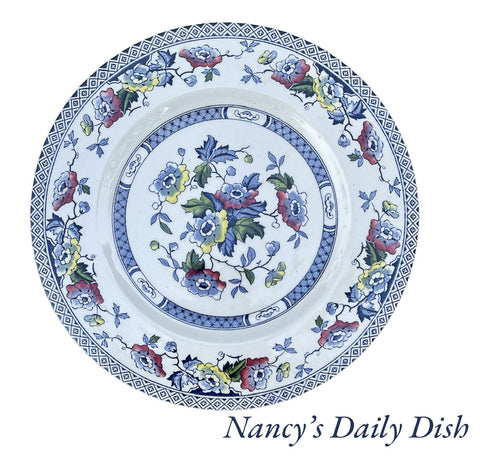6” Chinoiserie Chic Polychrome Blue Jacobean Transferware English Plate Oriental Flowers