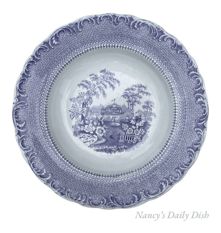 Antique Periwinkle Lavender Transferware Victorian Garden Scenes Soup Plate /Bowl