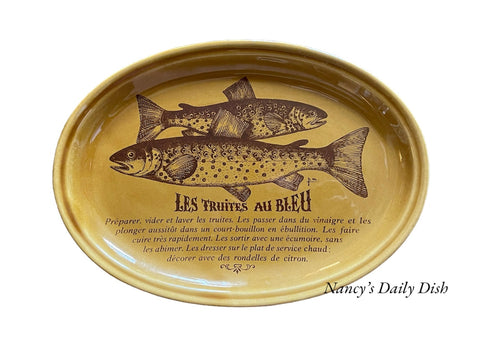 French Advertising Brown Transferware Trout Fish Platter Les Truites Au Bleu