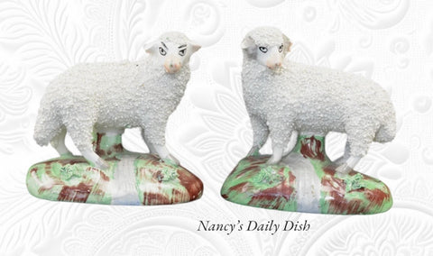 🐑 Antique 19th Century Pair English Staffordshire Confetti Sheep / Lamb Figurines