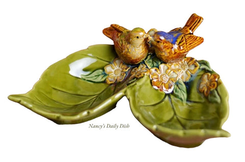 Hand Painted Majolica Birds & Leaves Candy / Trinket Dish