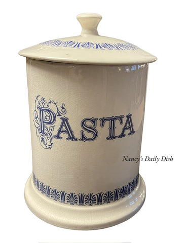 Large Vintage English Blue Whiteware Transferware Advertising PASTA Canister Jar