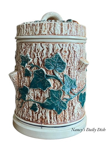 Antique Majolica Faux Bois Tree Stump Ivy Acorn & Oak Leaves Canister Cookie Jar