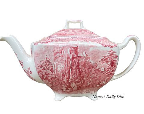 Vintage Red / Pink English Transferware Teapot Farnham Castle Scenes