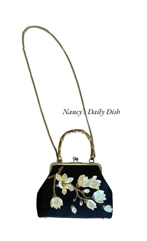 Bamboo Handle Embroidered Lotus Flowers on Black Jacquard Damask Clasp Purse Hand Bag