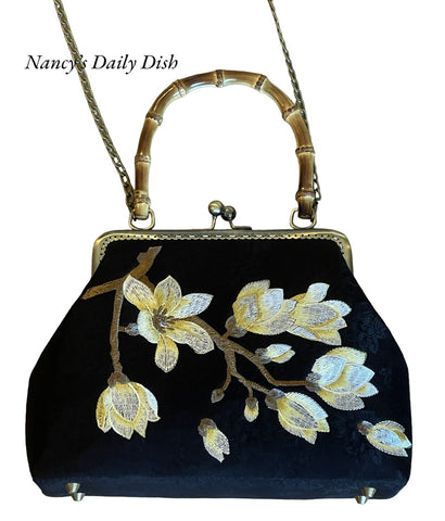 Bamboo Handle Embroidered Lotus Flowers on Black Jacquard Damask Clasp Purse Hand Bag Nancy s Daily Dish
