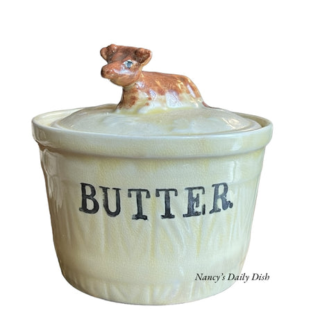 Antique English Advertising Butter Tub Faux Bois Wood Barrel w/ Resting Cow Lid Top