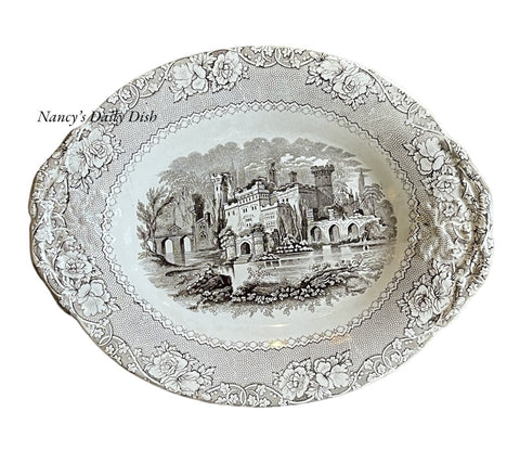 Antique Staffordshire Brown Transferware Tab Handled Platter Alhambra Fortress Castle Ruins Flowers