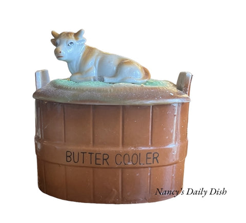 Antique Oval Butter Cooler Tub / Cheese Dish  w/ Resting Cow Lid Top