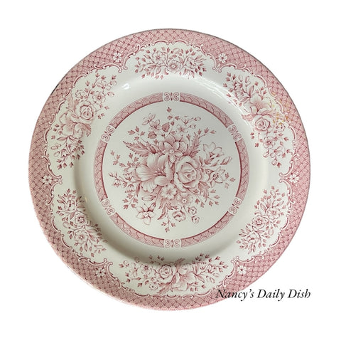 Red / Pink Vintage English Transferware Plate Shabby Victorian Roses & Scrolls