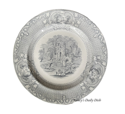 Antique Early Staffordshire Circa 1856 - 1866 Gray Transferware Plate Abbey Ruins Livesay Powell