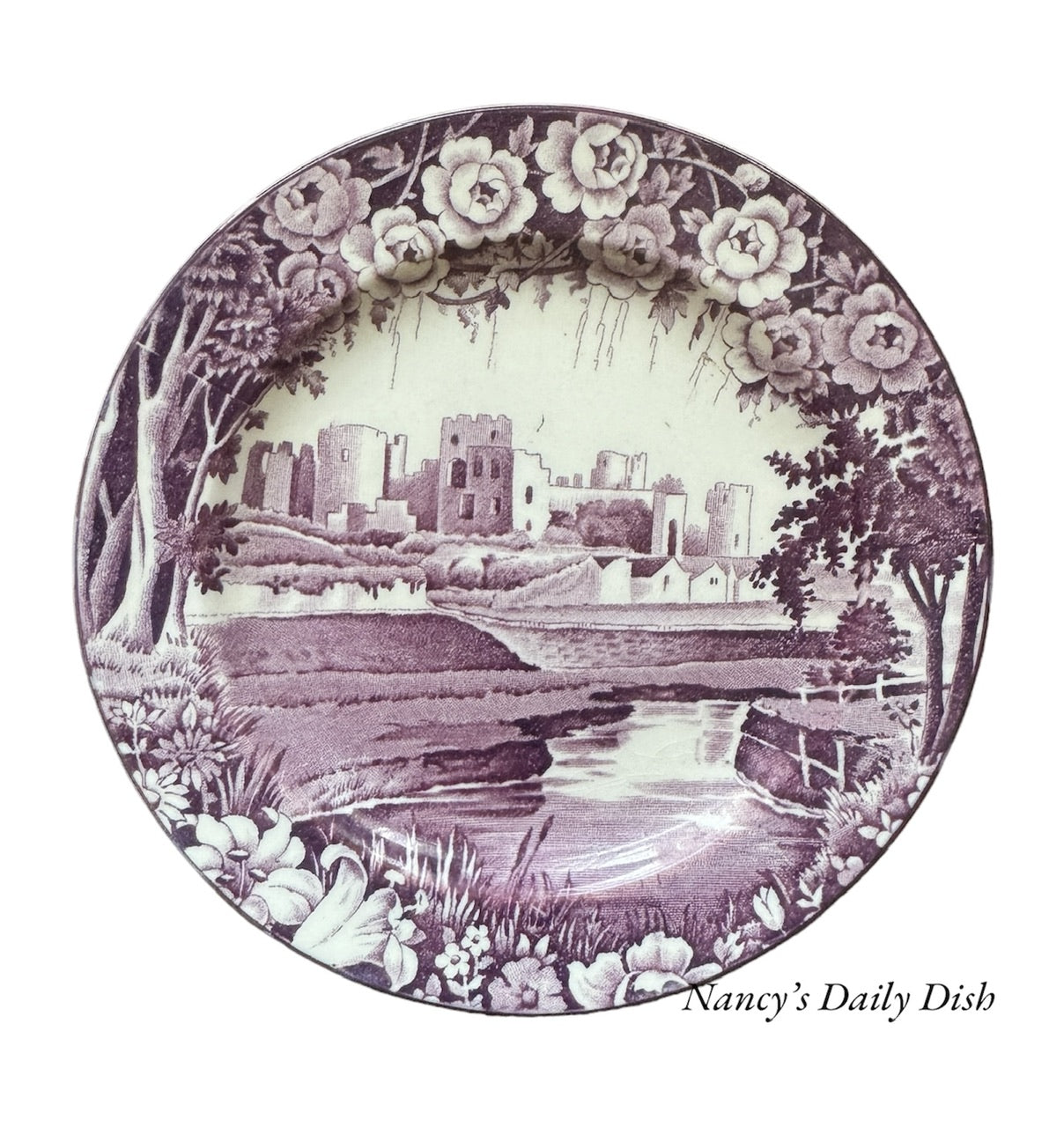 Vintage Purple Transferware Plate DrippinG Roses Caerphilly Castle Woo