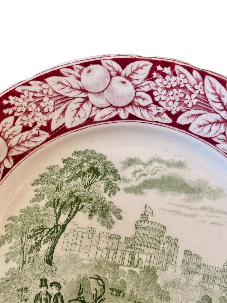 Vintage Red & Green English Bi Color Transferware Plate Stag Hunt Wind