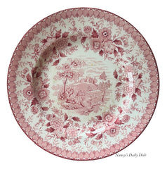 Red Pink Transferware Vintage English Plate Castle Stream Roses Aimee