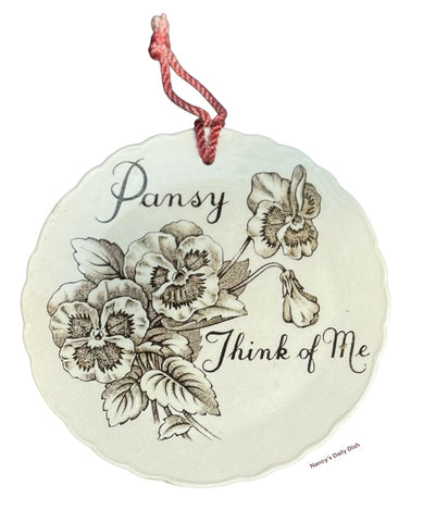 Brown Transferware Garden "Think of Me” Poem Plaque English Ironstone Pansy Pansies