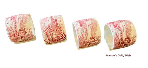 RARE 4 Red English Transferware Napkin Rings Tonquin Flowers Roses Set of Four