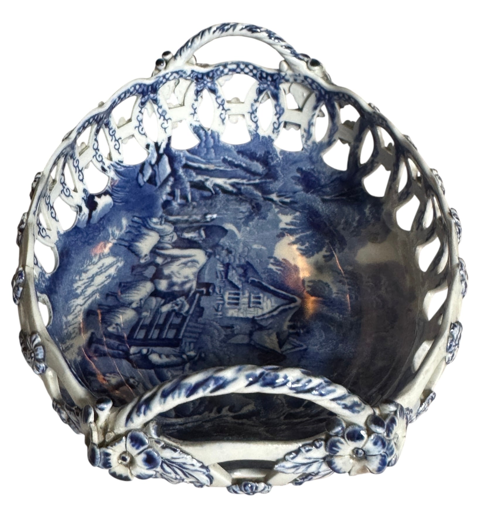 RARE Antique Blue & White Transferware Filigree Fretwork Chestnut Bowl