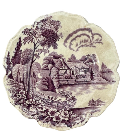 Vintage Staffordshire Purple Transferware Scalloped Plate Avon Cottage