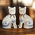 Pair Blue & White Flowers English Staffordshire Mantle Cats w/ Copper Lustre Bows