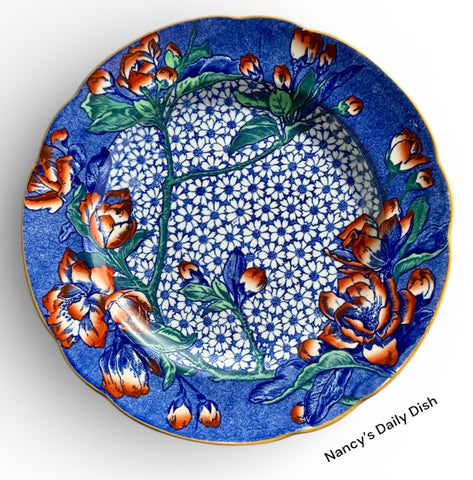 RARE! Antique Aesthetic Movement Wedgwood Blue Transferware Plate Daisy Chintz Plum Blossoms