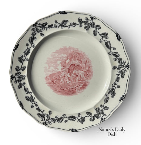 Antique Wedgwood Red & Black Bi Color Transferware Bewick Acorn & Leaf Pastoral Plate