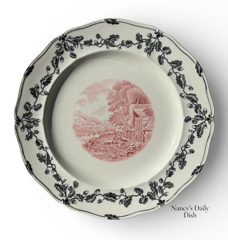 Antique Wedgwood Red & Black Bi Color Transferware Bewick Acorn & Leaf Pastoral Plate 2