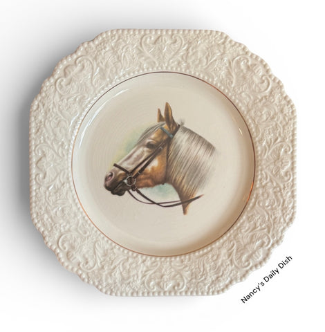 Vintage 1930-40’s  English Brown Horse Portrait Plate Creamware Plate Embossed Border