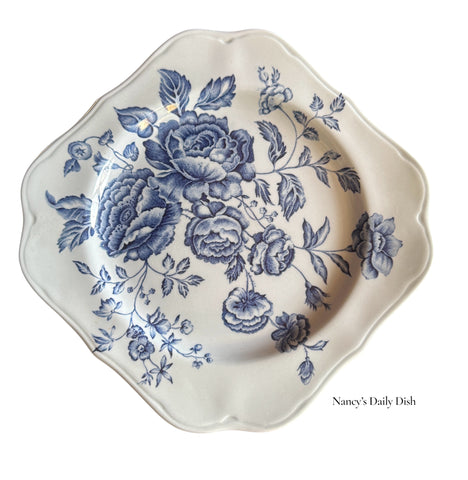 Vintage Tonal Blue Toile Transferware Square Plate English Country Roses