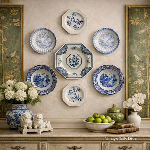 Instant Blue & White Chinoiserie Themed Platewall Display - Collection - Blue & White Vintage Transferware Plates