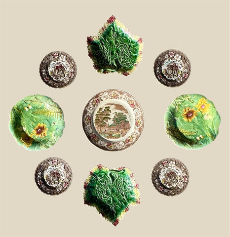 Instant Platewall  - Brown Transferware & Green Majolica Leaf Plates Overdoor Arrangement of 9 Mix n Match