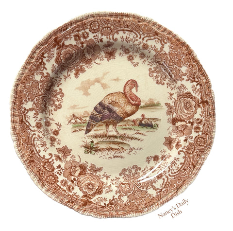 rare Antique Turkey Plate Polychrome Brown Transferware Thanksgiving Dinner Plate Tom Turkey  Ridgway Beehive Stamp
