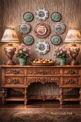 Instant Platewall  - Brown Transferware & Green Majolica Leaf Plates Overdoor Arrangement of 9 Mix n Match